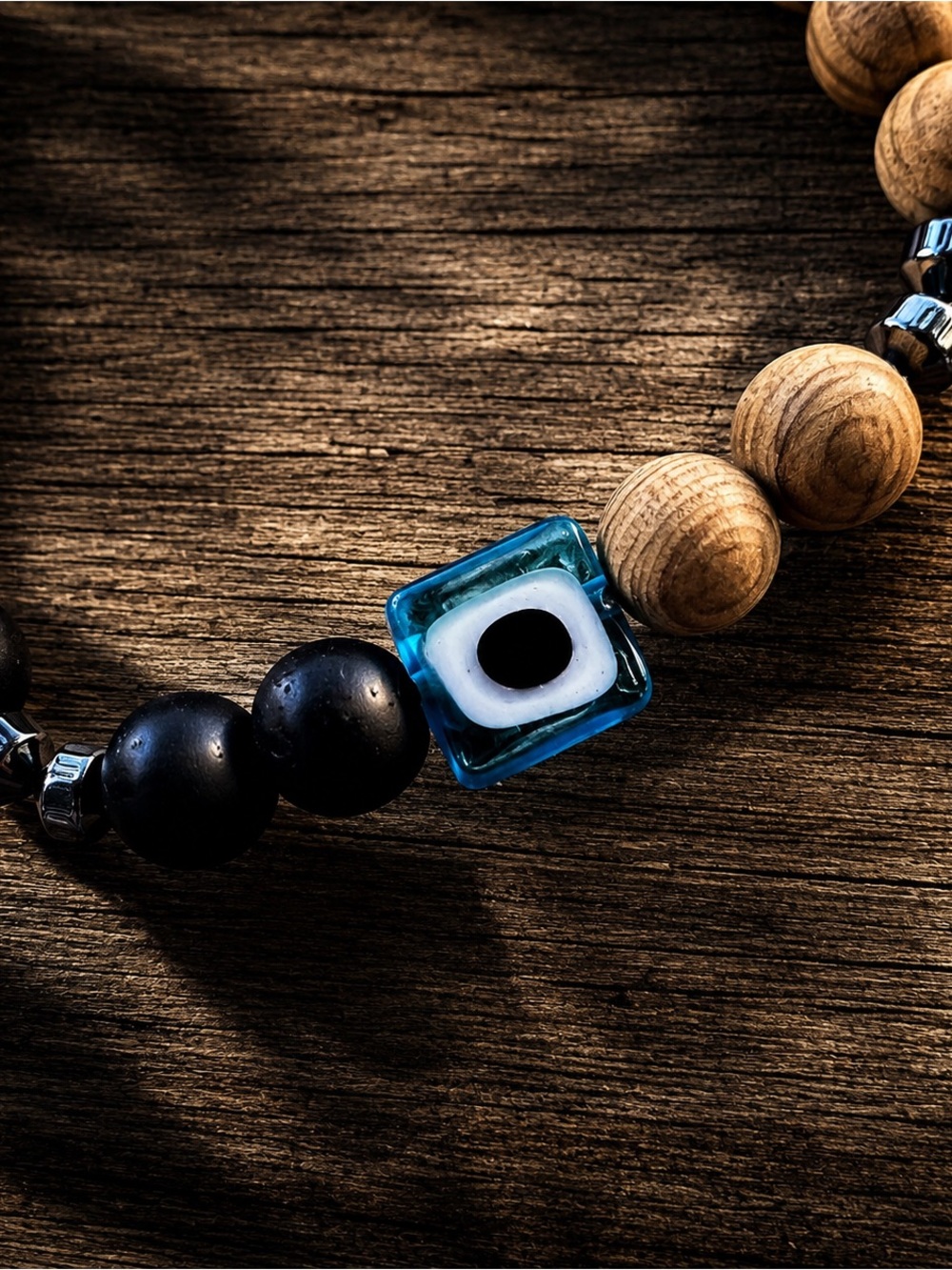 AYEON Evil Eye Bracelet with matte onyx and cedar wood beads